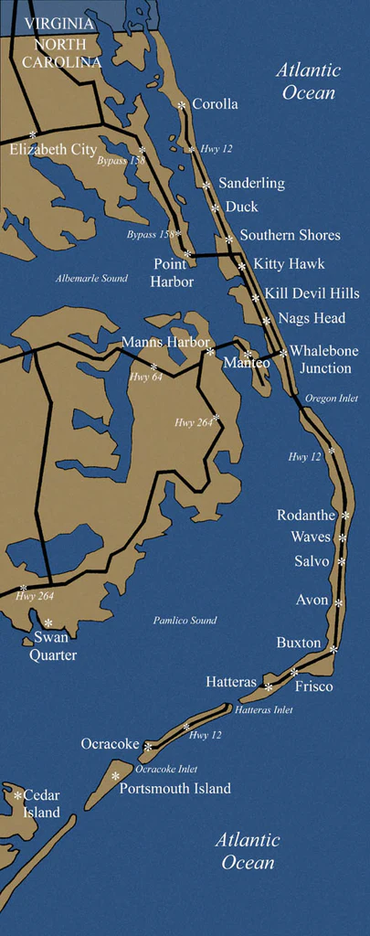A map of the islands and towns on the Outer Banks